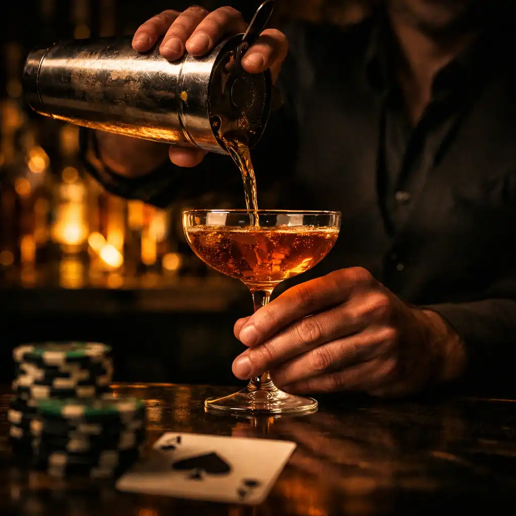 Bartender pouring a craft cocktail in the Bar Lounge at Chefhouse Hub, with poker chips and a playing card visible on the counter