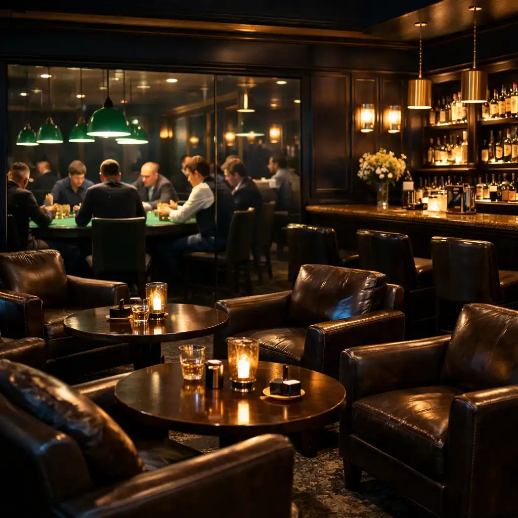 Interior of the Bar Lounge with dark leather armchairs, polished wood tables, and a view of the poker room through a glass partition