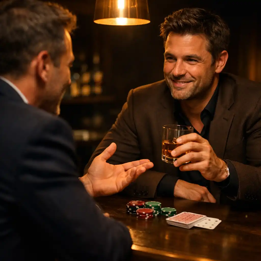Two players in conversation at the Bar Lounge counter, with poker chips and a deck of cards between them