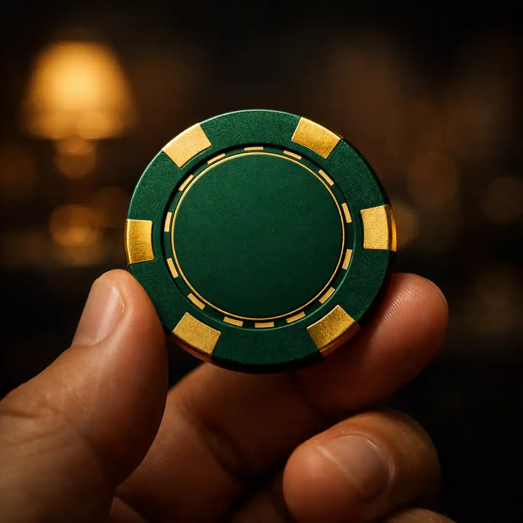 A single emerald poker chip with gold edge spots held between a player's fingers, with a dark blurred card room background