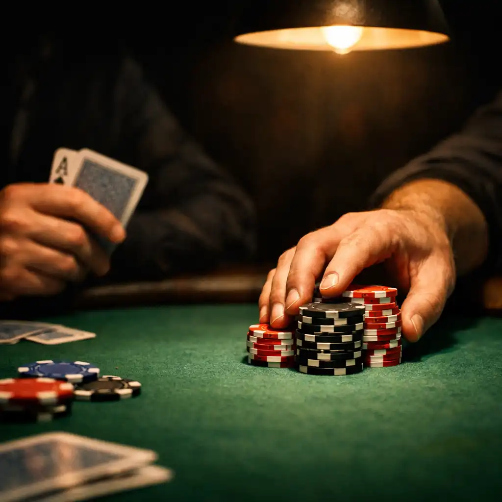 Close-up of two players' hands at a poker table, one pushing chips forward while the other holds cards