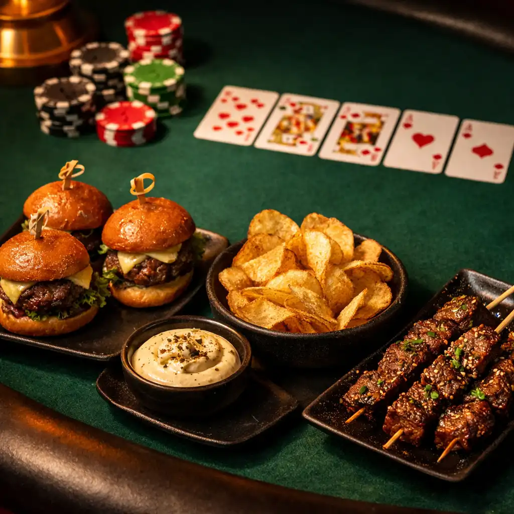 Poker table with cards, chips, and table-side snacks including sliders and skewers
