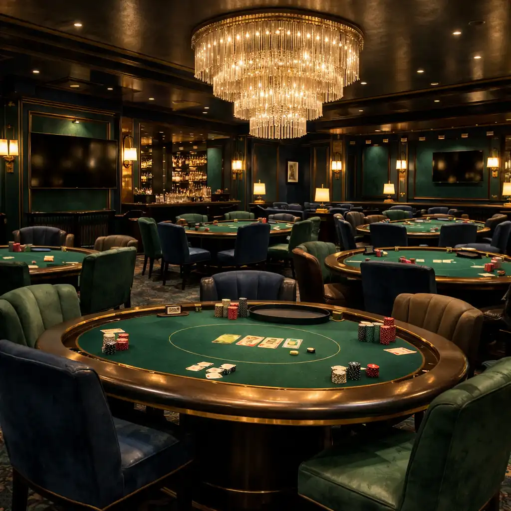 Interior of an exclusive poker room with multiple poker tables, plush chairs, and low ambient lighting