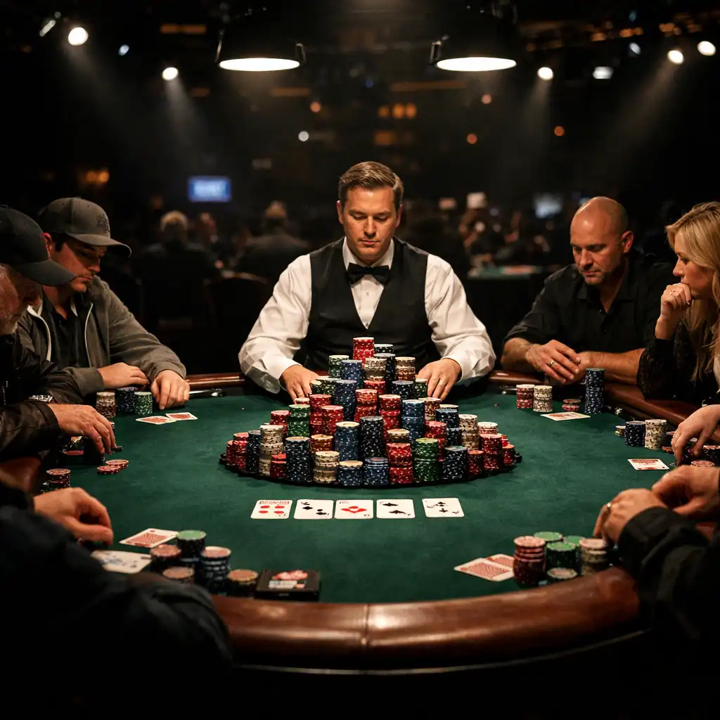 Poker tournament final table with players and dealer